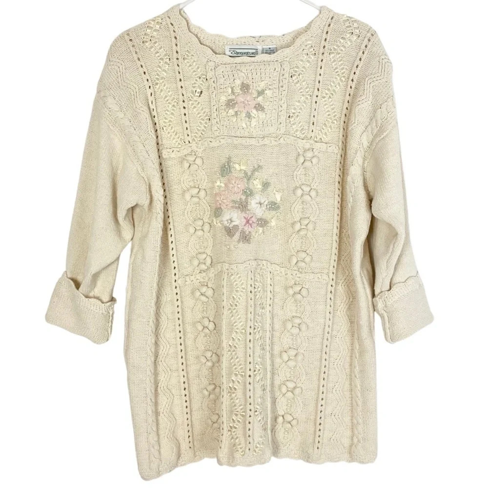 Vintage 80s 90s Grannycore Farmhouse Pullover Sweater Womens Size Medium Floral
